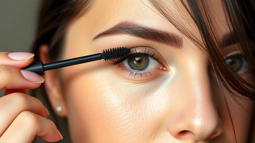 Woman applying mascara with precision brush to upper lashes, demonstrating proper application technique with the wand positioned at the lash base, natural lighting showing the formula texture and consistency