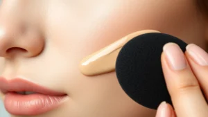 Close-up of liquid foundation being blended seamlessly onto fair skin with a makeup sponge, showing smooth, luminous coverage without visible pores or texture
