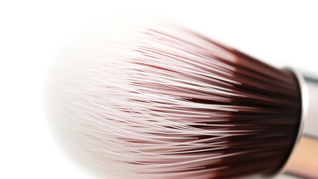 Close-up of professional makeup brush bristles showing soft, feathered synthetic fibers with metallic ferrule against clean white background, photorealistic beauty product photography
