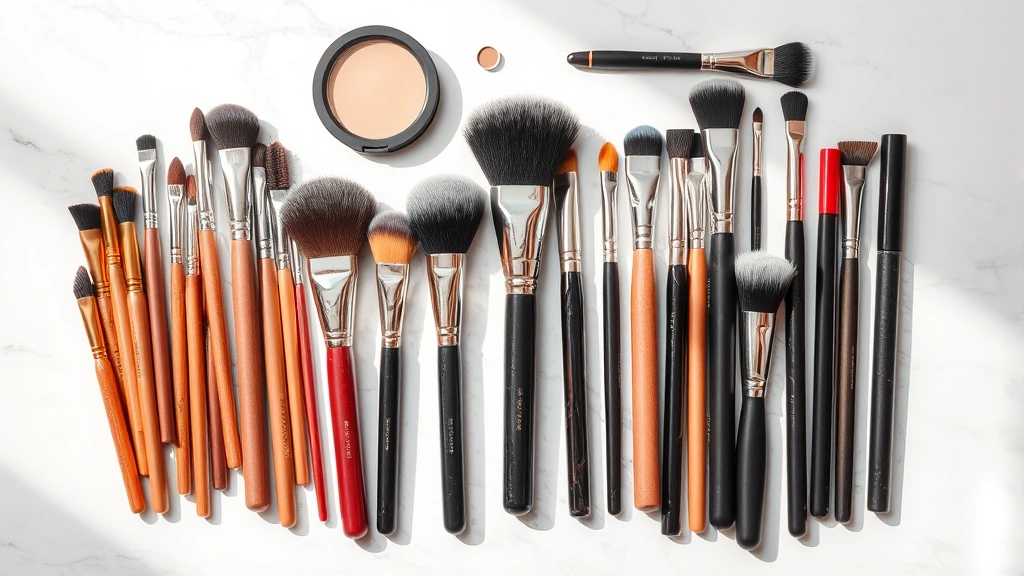 Flat lay of organized makeup brushes in various sizes arranged by function on marble surface with soft natural lighting, professional cosmetics photography