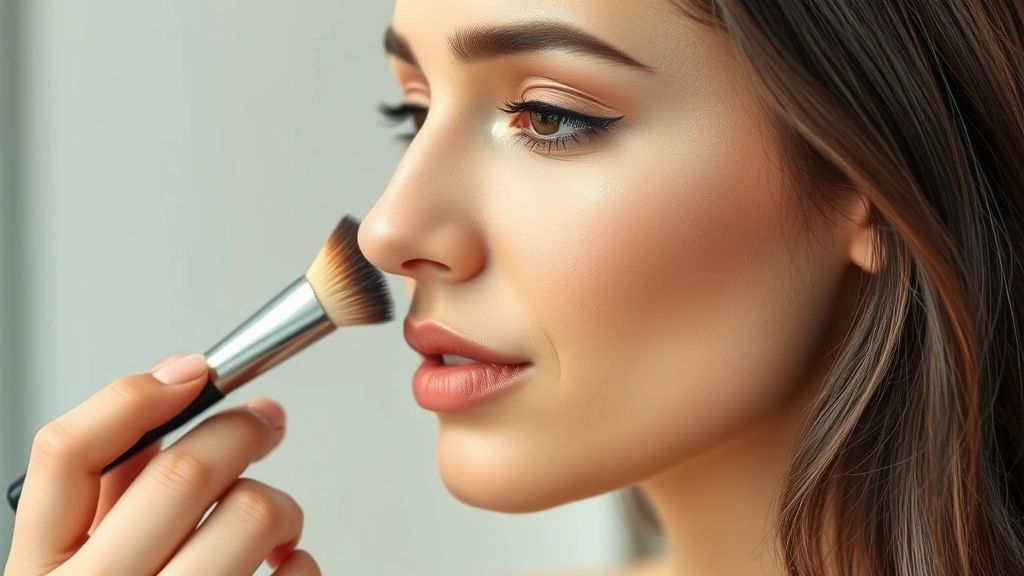 Woman applying makeup with premium brush to cheekbone, showing precise blending technique and soft bristle contact with skin, natural lighting, beauty application close-up