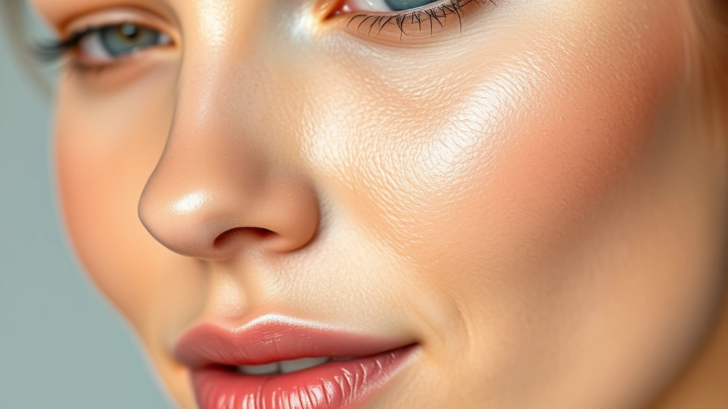 Close-up of a woman's face with glowing, natural-looking foundation applied to skin showing dewy finish and even tone, professional lighting, no visible texture