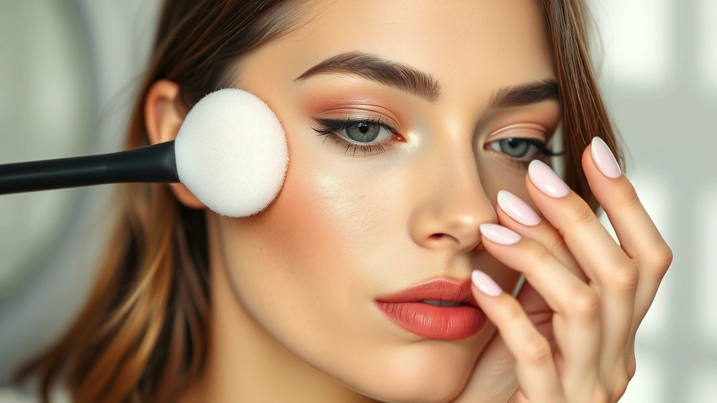 Beauty sponge applying lightweight foundation to cheekbone area, demonstrating blending technique on combination skin with subtle flush, natural daylight setting