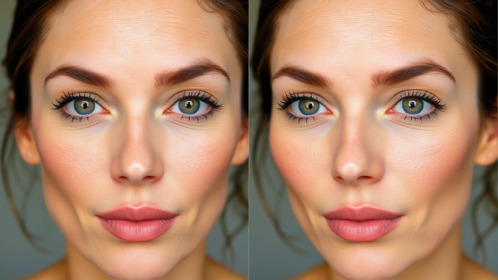Before-and-after comparison showing foundation coverage on skin with visible pores and texture, highlighting soft-focus effect and natural appearance without cakey finish