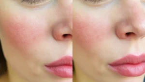 Close-up of a woman's complexion showing visible facial redness on cheeks and nose before and after color correction application, natural lighting, skin texture clearly visible, no product packaging visible