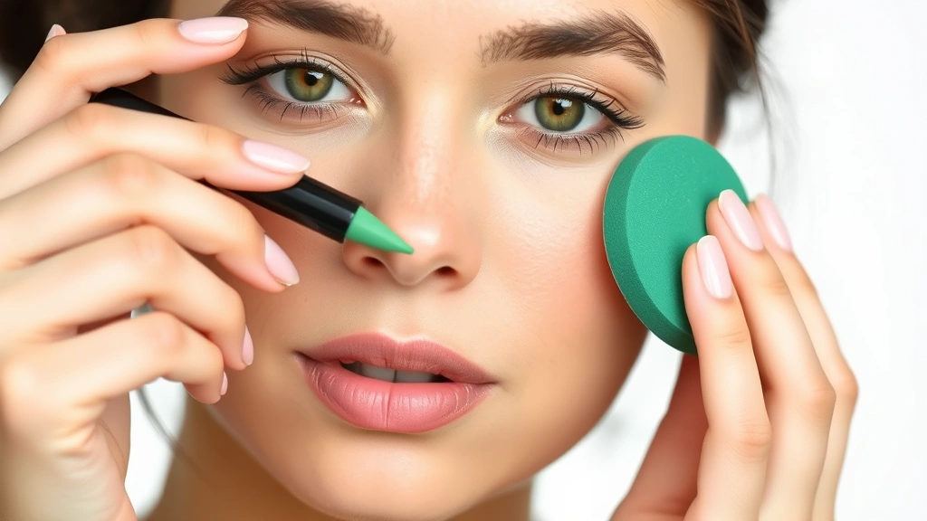 Beauty expert demonstrating precise blending technique of green concealer pen with damp beauty sponge on cheek area, professional makeup application, natural skin tones, detailed hand positioning