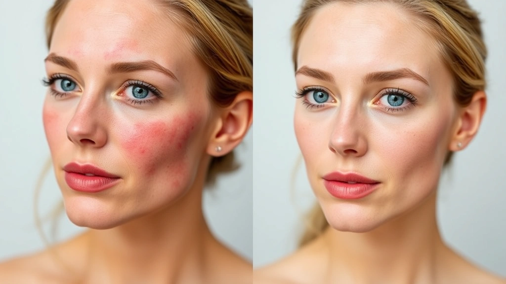 Before-and-after split image showing woman with rosacea-affected skin on left side displaying prominent redness, and right side showing neutralized complexion with even skin tone, professional photography, natural daylight