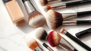 Close-up flat lay of IT Cosmetics makeup brushes arranged by type (foundation, powder, eye, contour) on white marble surface with soft natural lighting, showing dense synthetic bristles and handle details