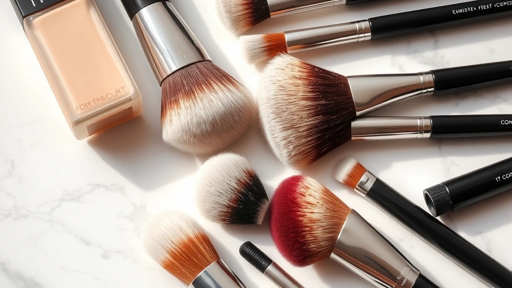Close-up flat lay of IT Cosmetics makeup brushes arranged by type (foundation, powder, eye, contour) on white marble surface with soft natural lighting, showing dense synthetic bristles and handle details