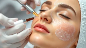 Professional woman receiving facial treatment with serums and hydrating masks, close-up of glowing luminous skin texture, dermatology clinic setting, soft professional lighting, photorealistic