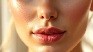 Close-up of dewy, luminous skin with light coverage makeup applied, showing natural skin texture and radiant complexion with warm lighting