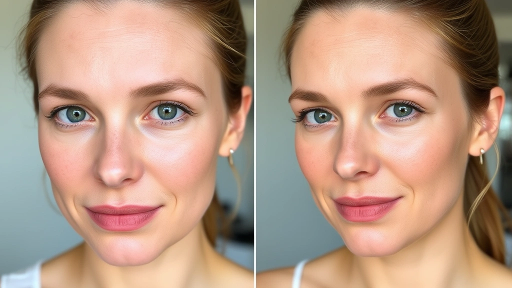Before-and-after comparison showing uneven skin tone transformed to unified, glowing complexion with natural-looking coverage and no visible makeup lines