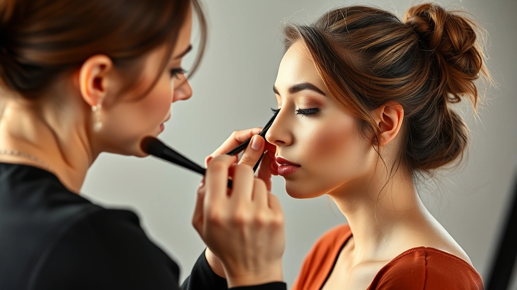 Professional makeup artist applying contouring makeup with brushes on a woman's face, showing highlight and shadow placement for cheekbone definition, natural lighting studio setting
