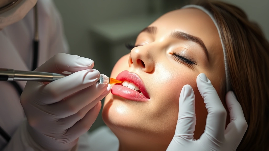 Dermatologist performing hyaluronic acid filler injection into lips, showing professional medical setting with sterile equipment and focused technique on lip augmentation