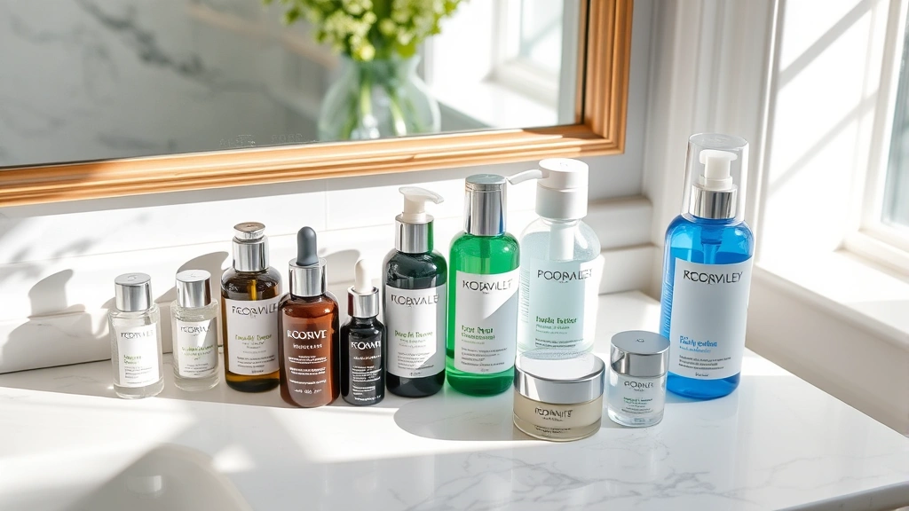 Luxury bathroom vanity with professional-grade skincare products, serums, moisturizers, and SPF bottles arranged on marble surface with natural morning light