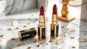 Luxury gold-accented lipstick tube with Balmain lion logo on elegant marble vanity surface, surrounded by scattered gold geometric shapes, soft natural window lighting, close-up detail of texture and packaging