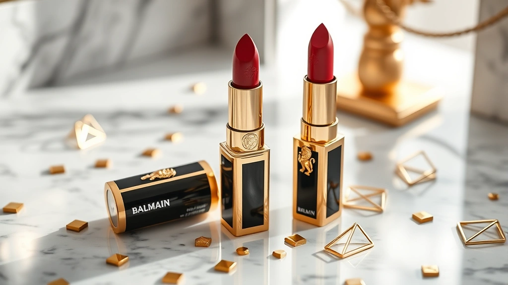 Luxury gold-accented lipstick tube with Balmain lion logo on elegant marble vanity surface, surrounded by scattered gold geometric shapes, soft natural window lighting, close-up detail of texture and packaging