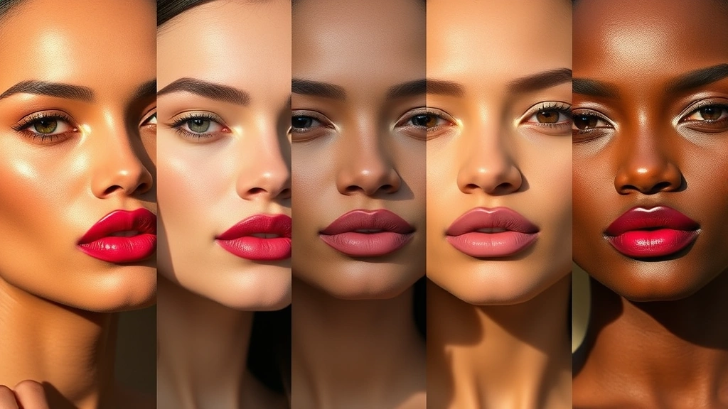 Diverse skin tones displaying different Balmain lipstick shades in warm natural light, showing true color payoff on lips, multiple complexions from fair to deep tones, professional makeup application