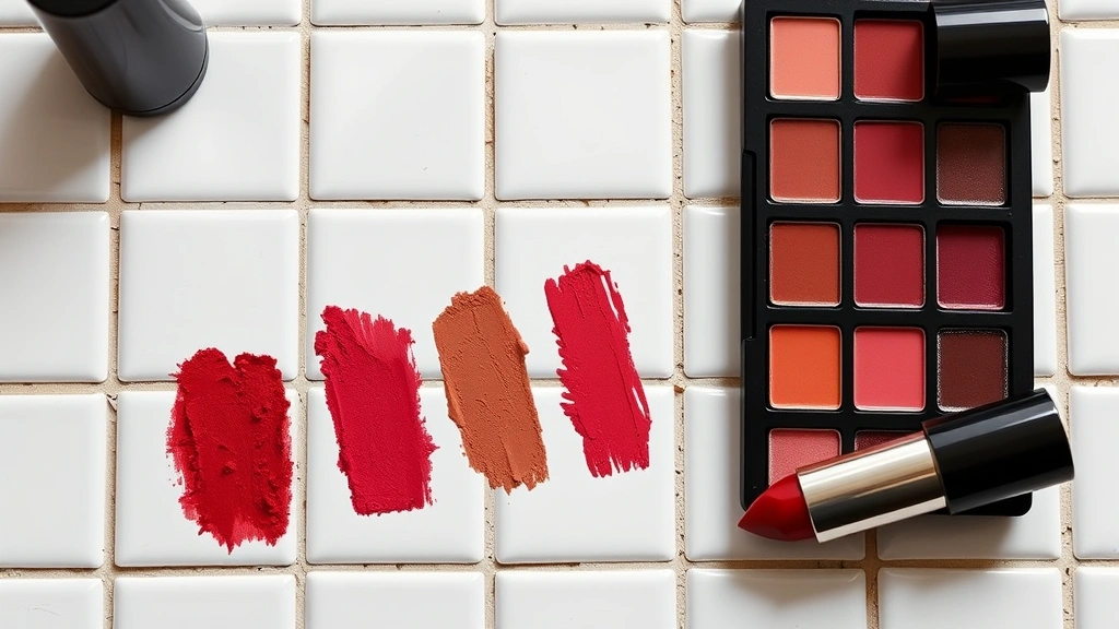 Lipstick swatch palette showing rich red, burgundy, nude, plum, and coral shades on white ceramic tile, demonstrating color range and undertone variations, professional cosmetics photography lighting
