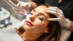 Professional woman receiving fractional laser treatment on face, facial area glowing with laser energy, clinical spa setting, dermatologist in background, peaceful patient expression