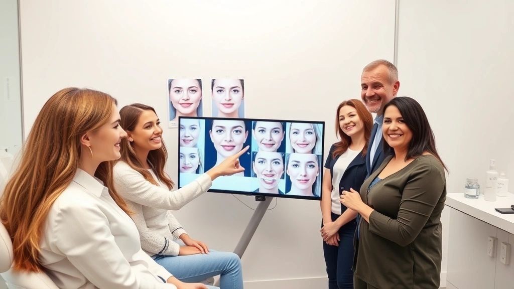 Diverse group of happy patients in modern cosmetic clinic consultation room, reviewing before-and-after skin photos, smiling practitioner pointing to treatment results on screen