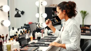 Professional makeup artist organizing cosmetic products in a spacious, well-lit vanity area with organized collection of skincare bottles, makeup palettes, and beauty tools displayed neatly