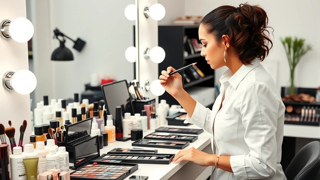 Professional makeup artist organizing cosmetic products in a spacious, well-lit vanity area with organized collection of skincare bottles, makeup palettes, and beauty tools displayed neatly