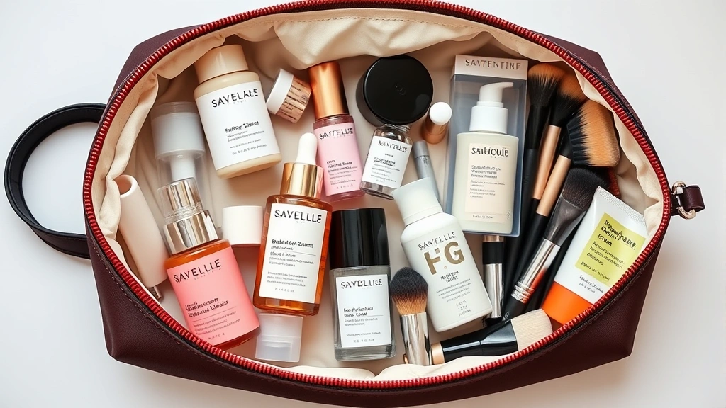 Flat lay photography of an open large cosmetic bag showing multiple compartments filled with various skincare serums, foundations, brushes, and beauty products arranged by category