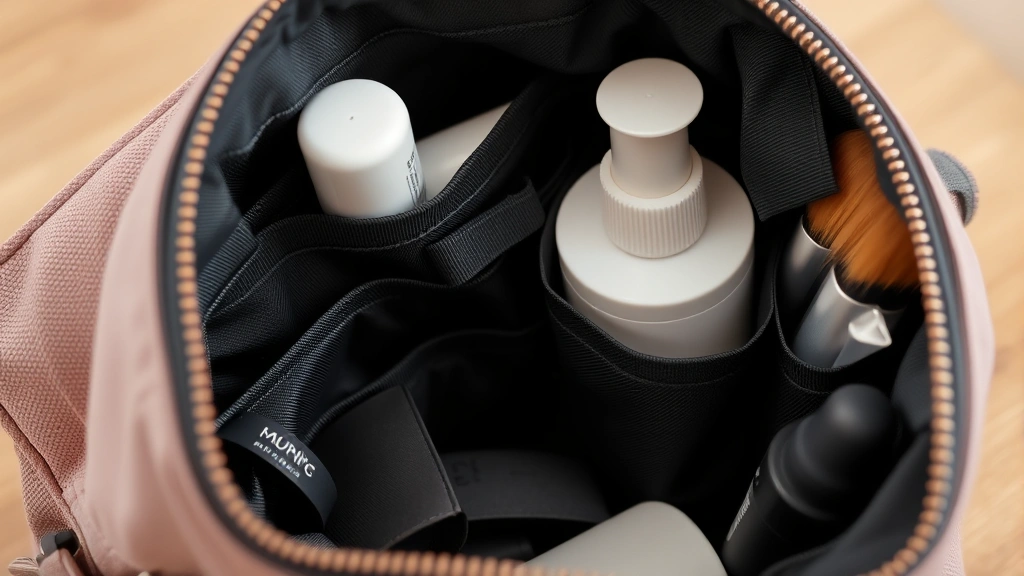 Close-up detail shot of premium cosmetic bag interior showing quality stitching, zippered pockets, elastic brush holders, and organized product storage with morning skincare routine items visible