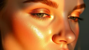 Close-up of illuminated skin with warm champagne glow, professional makeup artistry aesthetic, natural lighting highlighting complexion