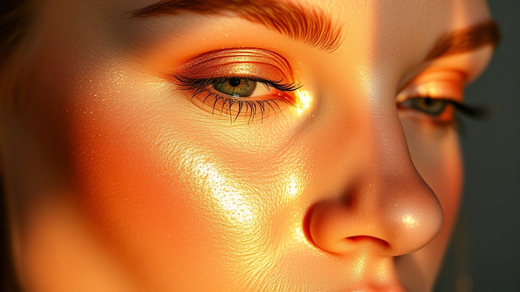 Close-up of illuminated skin with warm champagne glow, professional makeup artistry aesthetic, natural lighting highlighting complexion