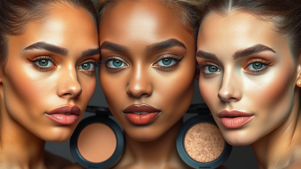 Diverse skin tones displaying baked bronze and highlight products, radiant finish without glitter, professional makeup application