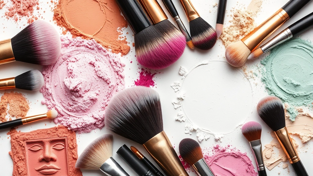 Makeup brushes and cosmetic powders arranged artfully, showing texture and pigmentation, beauty industry professional setup