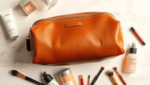 Flat lay photography of luxury full-grain leather cosmetic bag in warm cognac brown, closed with visible texture and patina, surrounded by skincare bottles and makeup brushes on cream marble background, natural soft lighting, professional beauty photography style