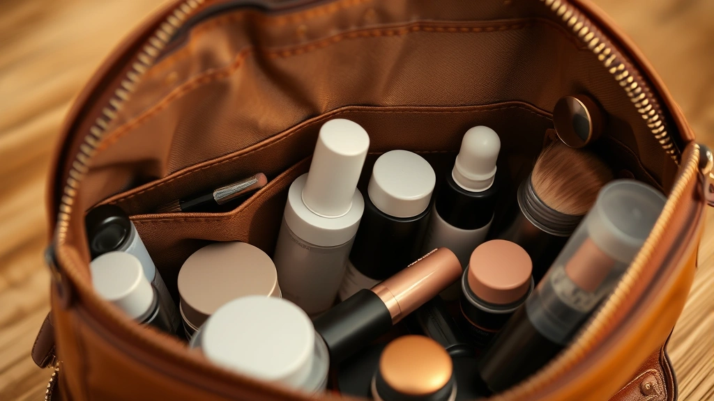 Close-up detail shot of leather cosmetic bag interior showing organized compartments with various makeup products, brushes, and skincare items neatly arranged, waterproof lining visible, warm golden hour lighting, shallow depth of field, beauty storage aesthetic