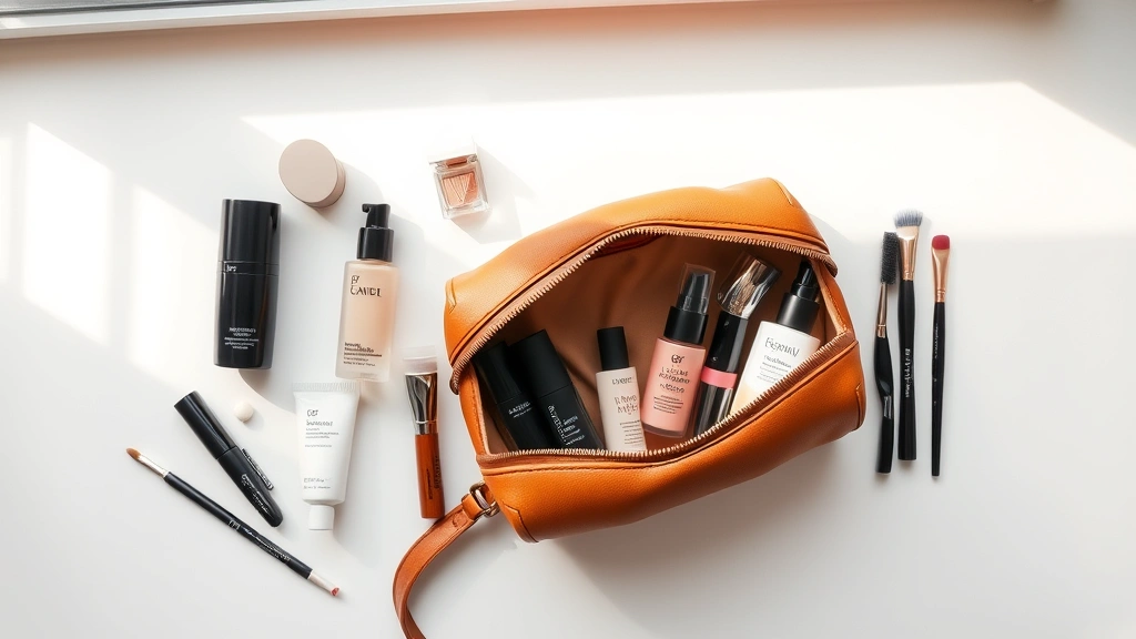 Styled beauty flat lay featuring open tan leather cosmetic bag with premium contents including foundation bottles, lipsticks, serums, and makeup brushes artfully arranged, soft natural daylight from window, minimalist composition on light background, luxury skincare lifestyle