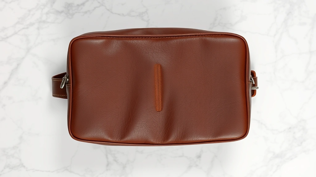 High-quality full-grain brown leather Dopp kit photographed from above on white marble surface, showing rich patina and texture detail, soft natural lighting highlighting leather grain