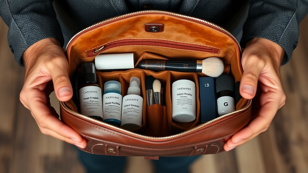 Man's hands opening organized leather cosmetic bag interior with multiple compartments containing grooming products including serums, moisturizers, and brushes, showing compartmentalization design