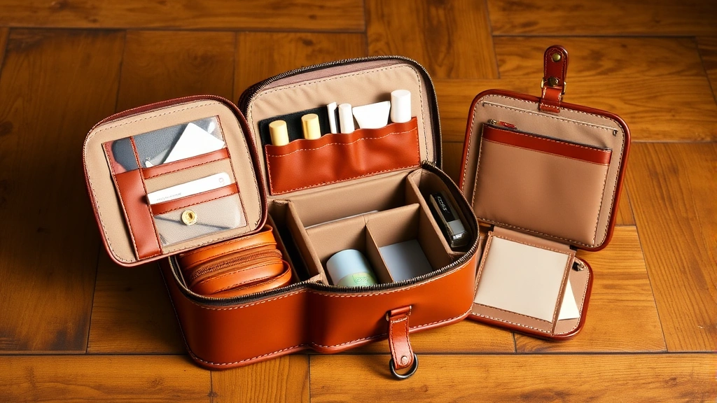Premium cognac leather travel cosmetic organizer with removable compartments displayed on wooden surface, demonstrating expandable sections and hanging loop, warm studio lighting