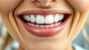 Close-up of a bright, naturally white smile with perfect tooth alignment and healthy gums, professional dental setting lighting, person with warm skin tone smiling confidently, no text or labels visible