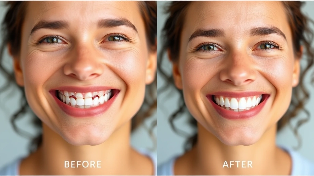 Before-and-after style split image showing tooth transformation with improved whitening and alignment, natural professional photography, person smiling with improved confidence, clean clinical aesthetic