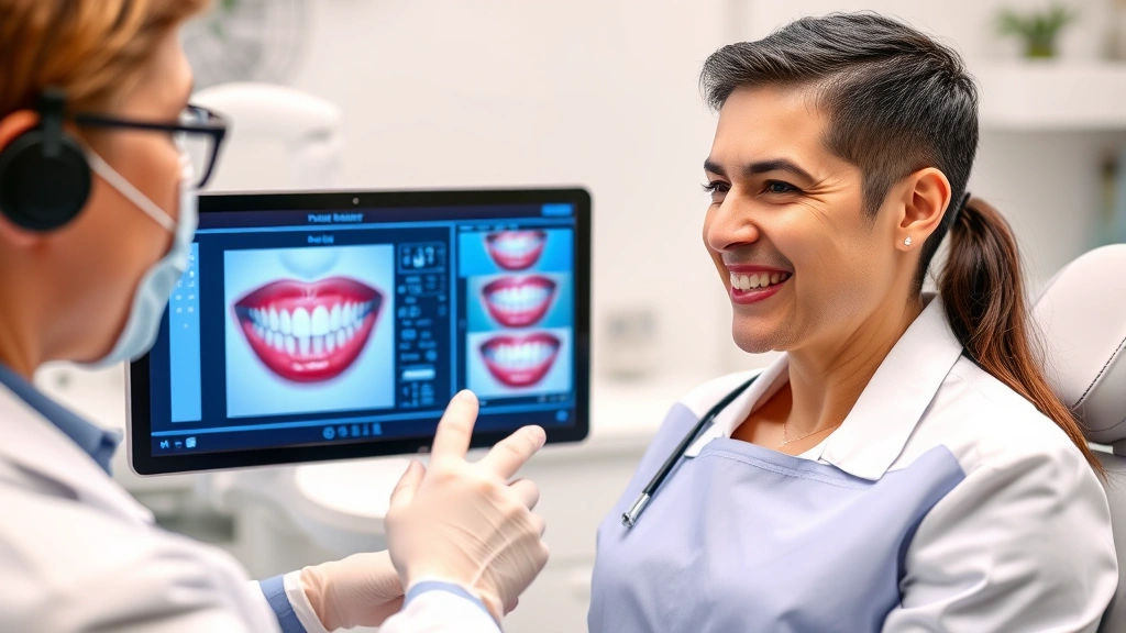 Professional cosmetic dentist examining patient's smile design with digital technology, showing smile planning and consultation, modern dental office environment, emphasis on smile proportions and aesthetics