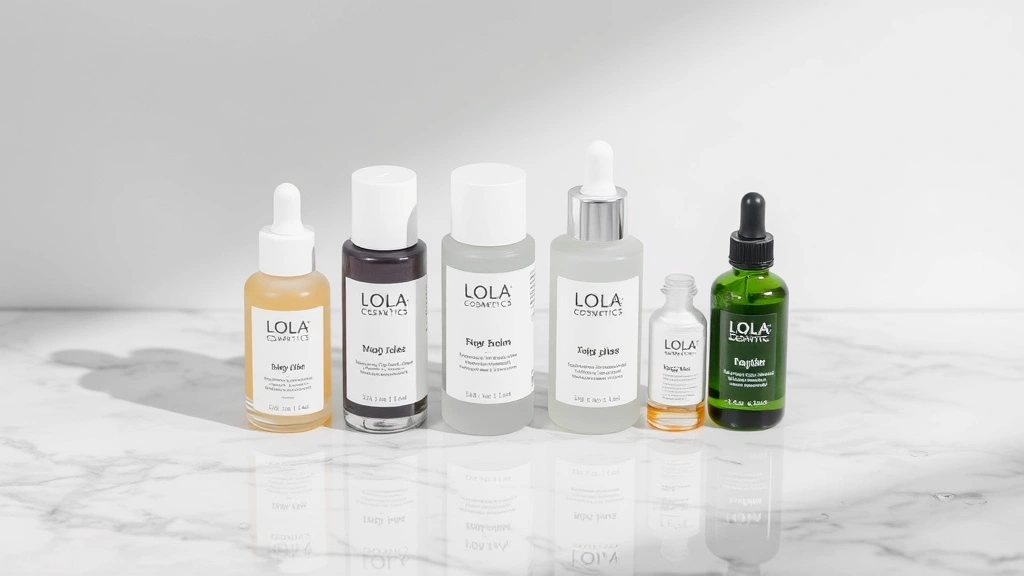 Lola Cosmetics skincare serums and moisturizers arranged on marble surface with water droplets, minimal aesthetic, professional product photography