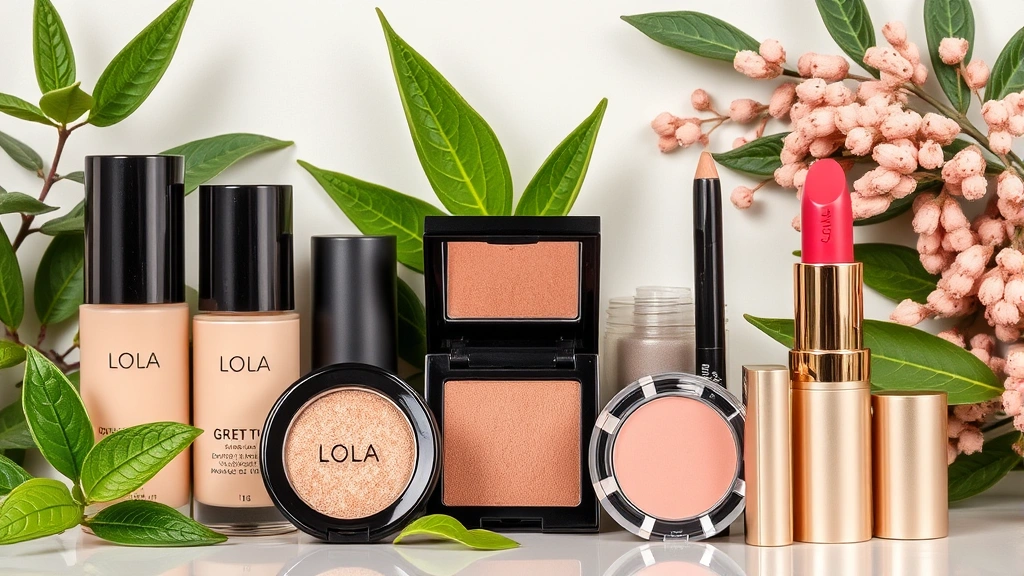 Lola Cosmetics makeup collection including foundation, eyeshadow, and lipstick displayed with botanical ingredients like green tea leaves and peptide compounds