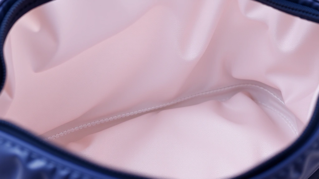 Close-up of Longchamp nylon cosmetic bag interior lining with soft fabric texture, professional lighting showing quality construction details and stitching