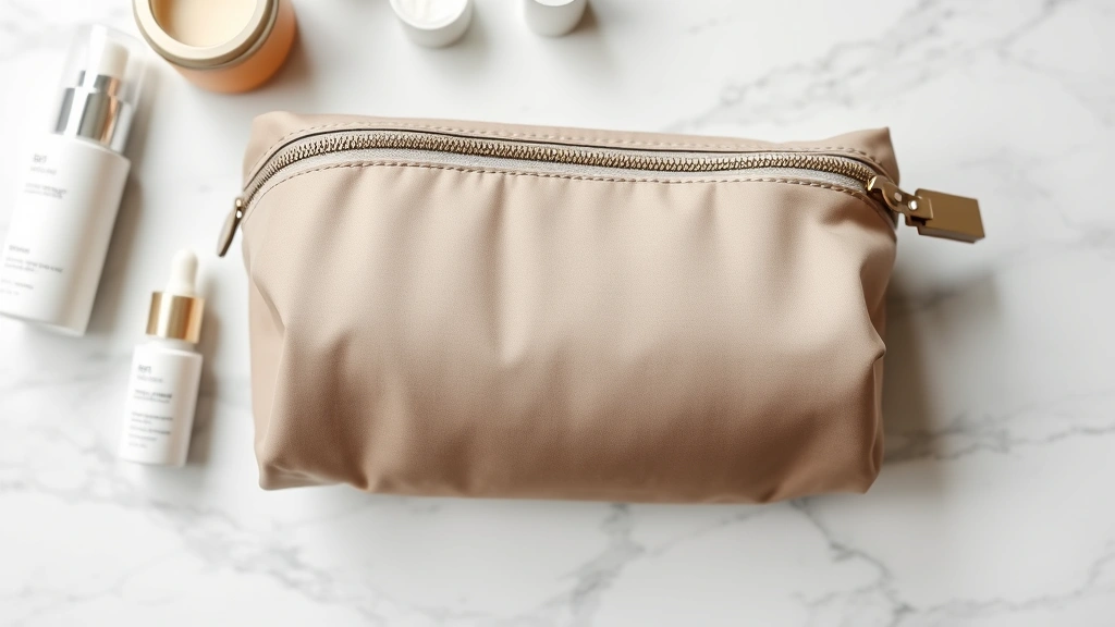 Close-up of luxury nylon cosmetic pouch with metal zipper, featuring minimalist design and sophisticated neutral color, flat lay on marble surface with skincare products arranged nearby