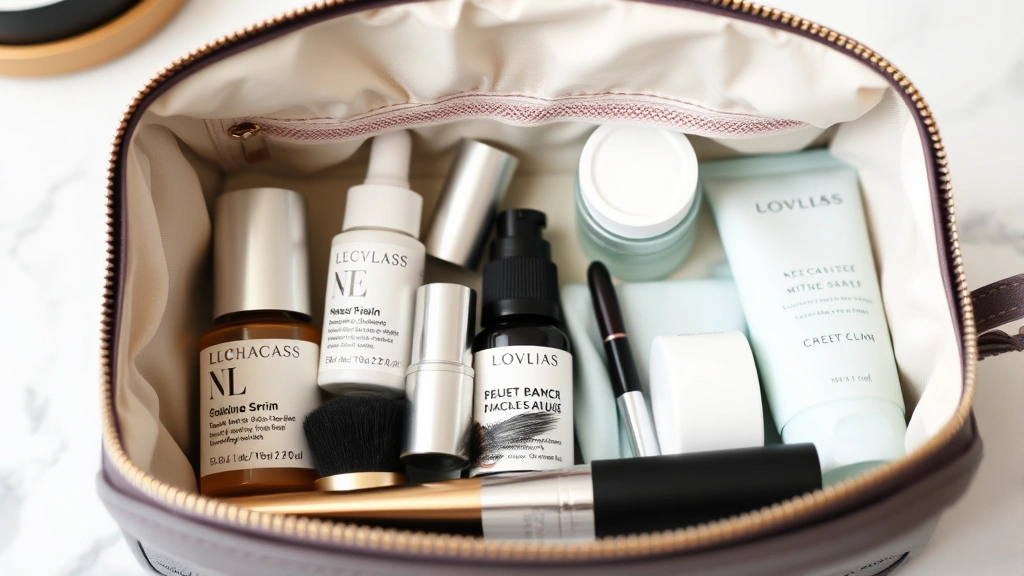 Open cosmetic pouch displaying organized beauty products including serums, moisturizers, makeup brushes, and skincare essentials neatly arranged inside, showing storage capacity and interior lining detail