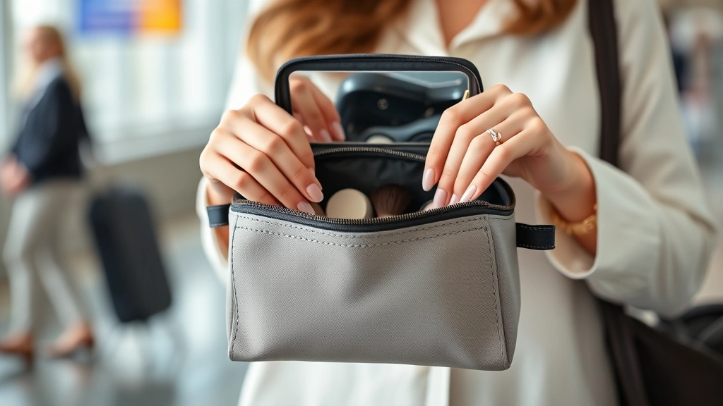 Woman's hands holding compact cosmetic pouch while traveling, demonstrating portability and practical use for daily beauty routine organization, soft natural lighting in airport or travel setting