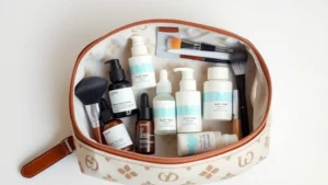 Flat lay of luxury cosmetic bag open displaying organized skincare bottles, serums, and makeup brushes neatly arranged inside monogram canvas material, professional beauty product storage setup