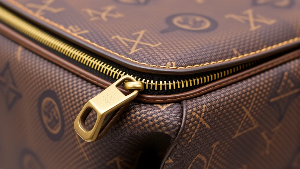 Close-up detail shot of water-resistant monogram canvas texture with leather trim and brass hardware zipper on luxury cosmetic bag, showcasing craftsmanship and material quality